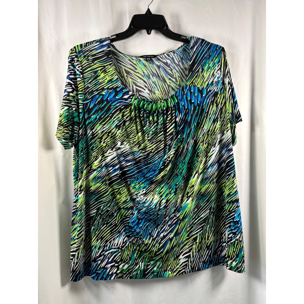 George Womens Plus 2X 18W-20W Abstract Print Beaded Scoop Neck Top Green Blue